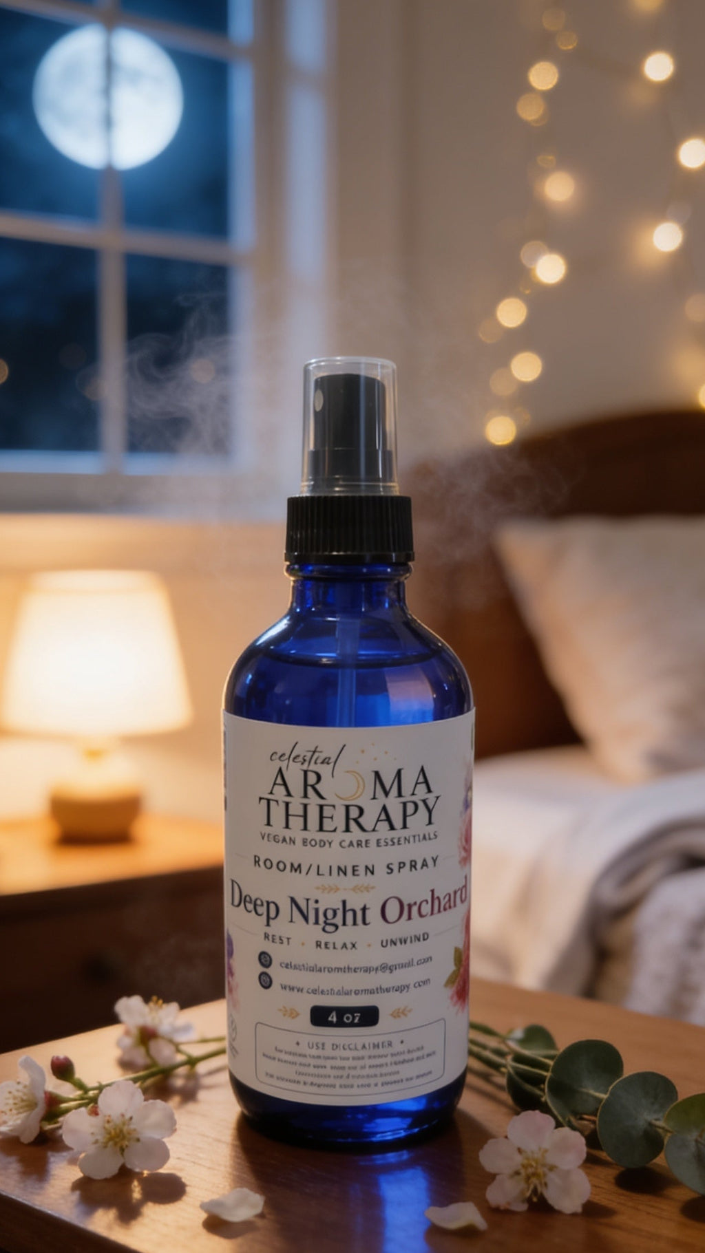 A cobalt blue room/linen spray bottle with a black spray top and white label reading 'Aroma Therapy' and 'Deep Night Orchid', placed on a wooden bedside table in a softly lit bedroom with a window, moon view, string lights, and flowers around it.