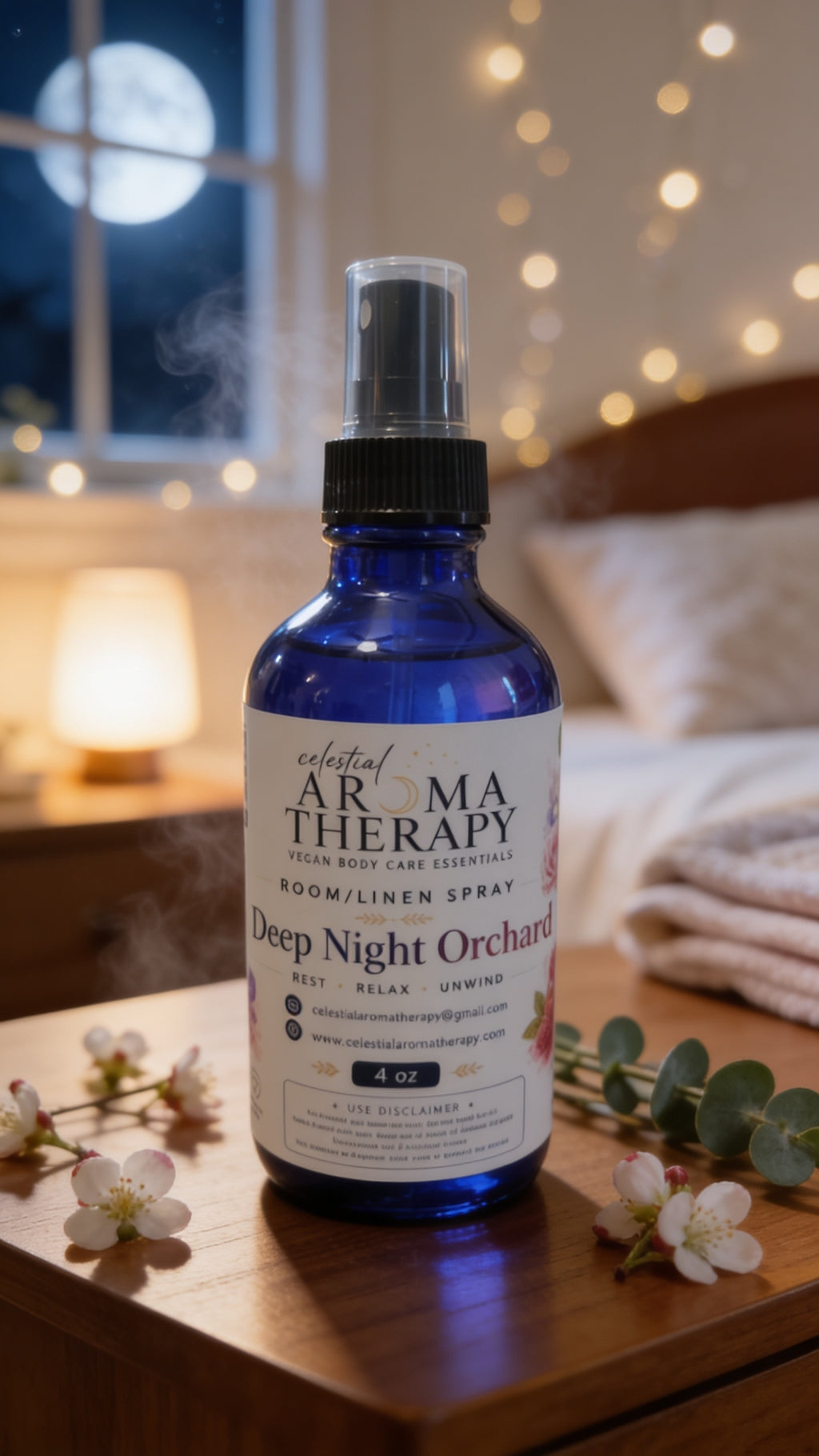 A 4 oz blue glass spray bottle of 'Deep Night Orchid' room and linen spray by Ethereal Aroma Therapy, styled on a wooden bedside table with flowers and a cozy bedroom background with warm string lights.