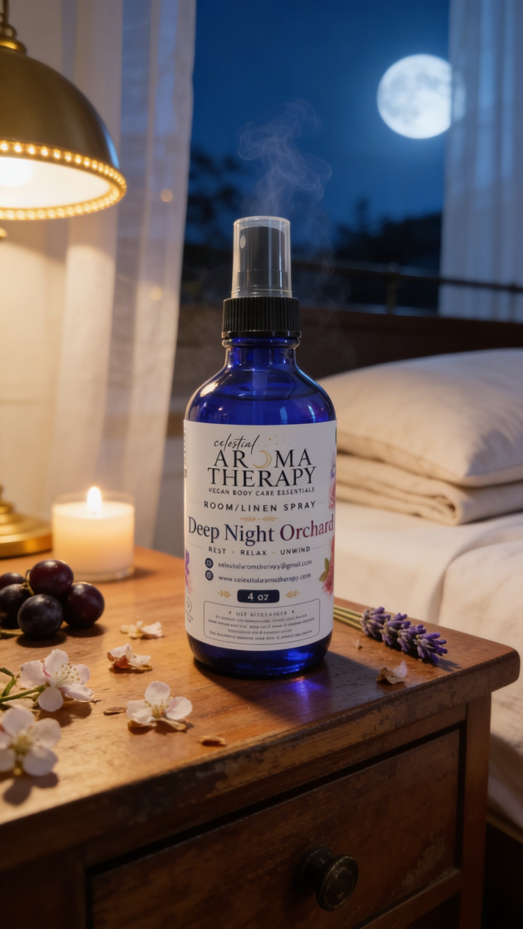 A cobalt blue glass spray bottle of Aroma Therapy Deep Night Orchid room linen spray, styled on a wooden bedside table next to a lit candle, grapes, and lavender sprigs in a cozy bedroom setting at night.