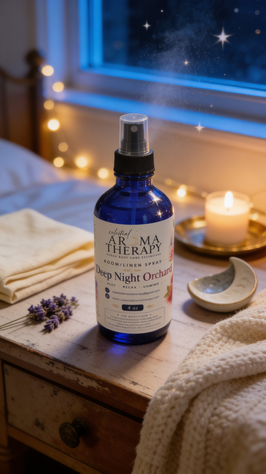 A cobalt blue spray bottle labeled 'Aroma Therapy Deep Night Orchid' sits on a rustic wooden table in a cozy bedroom setting with a lit candle, folded blanket, and lavender sprigs, under a window with warm fairy lights and a starry night sky overlay.