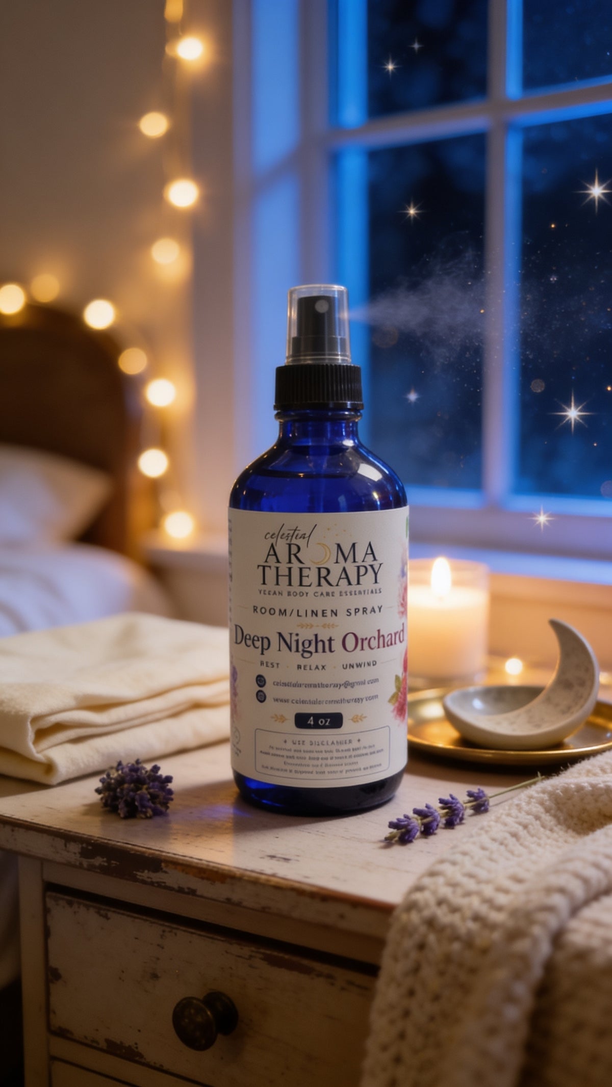 A cobalt blue glass spray bottle of 'Deep Night Orchid' by Arma Therapy, styled on a rustic wooden nightstand with cozy candles, a blanket, and lavender sprigs in front of a window with warm fairy lights.
