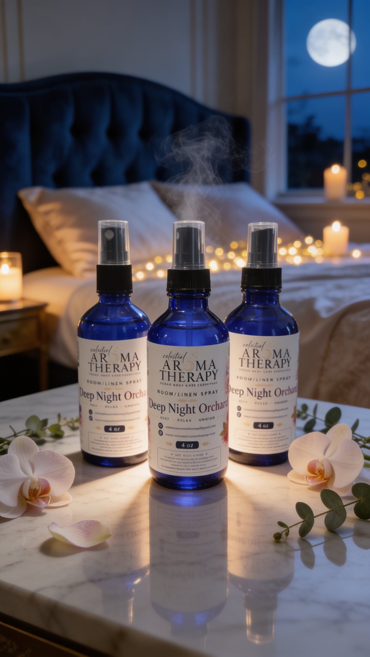 Three blue glass spray bottles labeled 'ARMA THERAPY Deep Night Orchid' arranged on a marble surface in a softly lit bedroom setting with candles, pillows, and a window showing a moonlit sky.