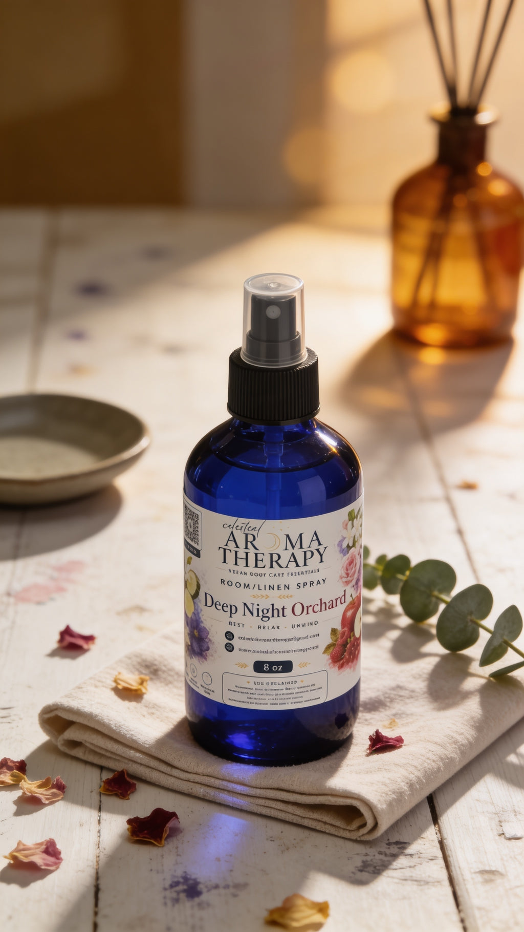 A cobalt blue glass spray bottle of Aromatherapy Deep Night Orchid essential oil spray, styled on a folded cream linen cloth with dried petals and eucalyptus leaves on a rustic white wooden table.