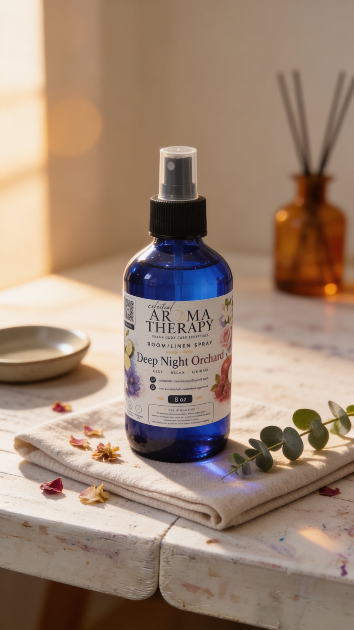 A cobalt blue spray bottle of Aroma Therapy Deep Night Orchid room spray, styled on a rustic white wooden table with a folded linen cloth, dried flowers, and a eucalyptus sprig, with a warm, sunlit background.